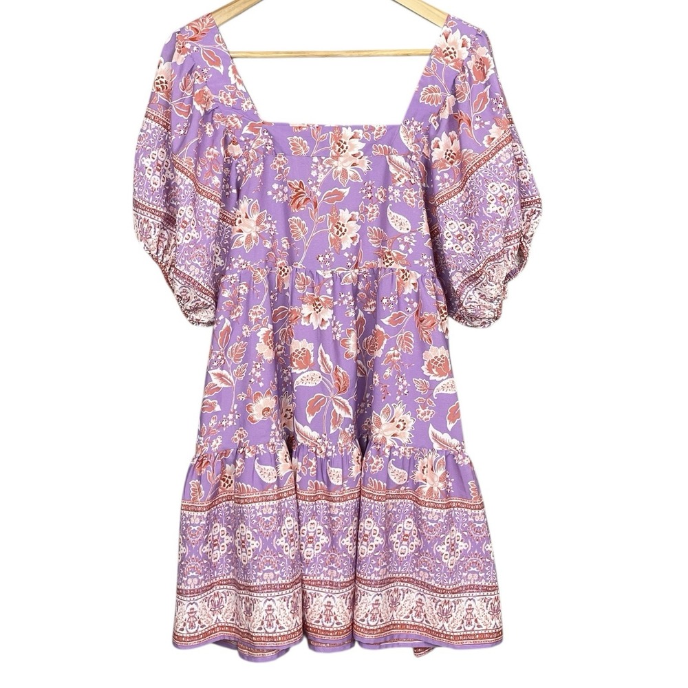 Soft Girl Lavender Floral Puff Sleeve Mini Dress Womens L Romantic Cottagecore